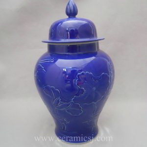 WRYMA18 Blue engraved water lily porcelain ginger jar 
