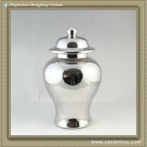RYNQ41 14" Metal Silver Porcelain Temple Jar