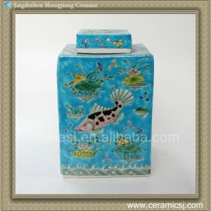 RYQQ19 12inch Qing dynasty reproduction Plain tricolour Ceramic Square Jar