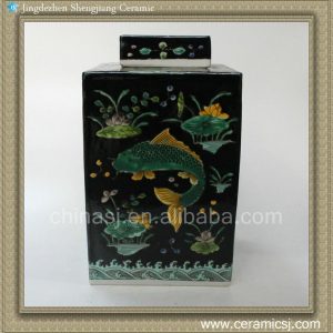 RYQQ20 12inch Qing dynasty reproduction Plain tricolour Fish design Ceramic Square Jar