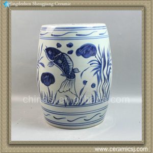 RYLL20 14" Blue and White Ceramic Gardeners Stool Fish design