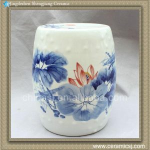 RYWX02 15.5" Blue and White Ceramic Drum Stool waterlily lotus