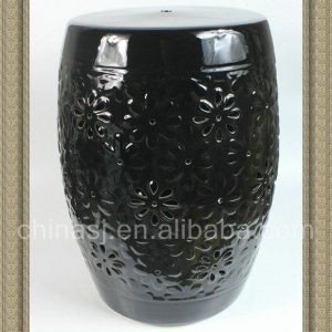 RYZS16 17" Black Floral carved Ceramic Drum Stool