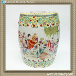 RZAE02 H15.7" FAMELLE ROSE HAND PAINTED CHINESE CHILDREN FLORAL PORCELAIN GARDEN SEAT STOOL