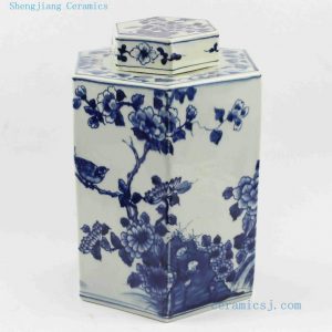 RYUK13 H11.4" wholesale jars hand painted Blue white flower bird Hexagon Jar