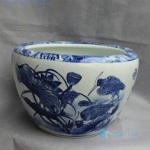 RYYY13 D16" Blue and white ceramic planter water lily and bird design