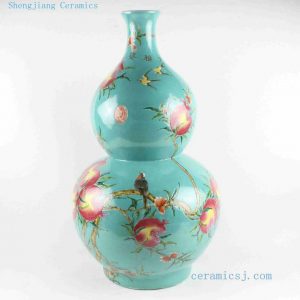 RYRK14 h23.8" Oriental Porcelain Vase, blue famille rose hand painted  peach