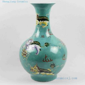 RYRK18 h15" Qing dynasty artifacts Porcelain Vase, blue famille rose hand painted lions