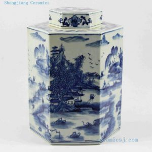 RYUK12 H11.5" Hand painted landscape Jindezhen Porcelain Blue and White Cookie jars 