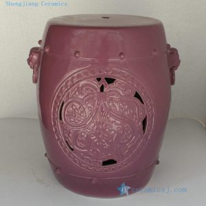 RYNQ147 H17" Purple Carved lion ring Ceramic Garden Stool