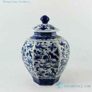 RYJF56 H9.5" Blue and White 6 sided crane design Porcelain Jar