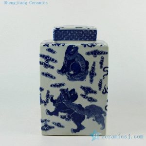 RYJF57 H10" Square lion design Blue and White Ceramic Jar