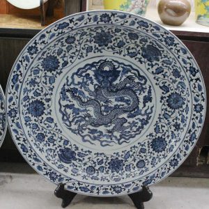 RZBD06 15.7" hand painted blue white porcelain dragon plate