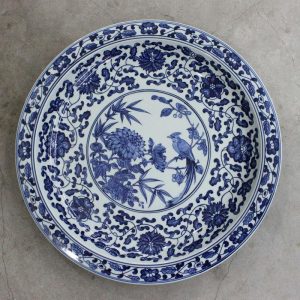 RZBD05 15.7" hand painted blue white chrysanthemum and bird porcelain plate