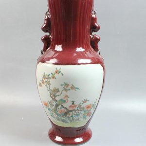 RYZM01 16.5" Chinese red glazed painted floral bird hand vase
