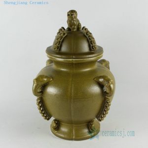 RYNA08 14" Ceramic Jar with foo dog lid cover