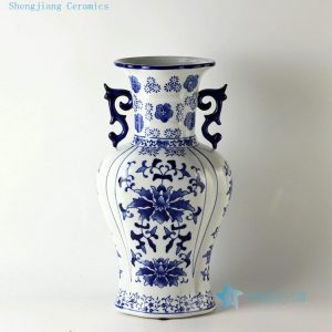 RZCW03 14.5" Blue and white floral design ceramic vases with handle