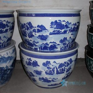 RZDE01 28.3" Blue white landscape design ceramic fish bowls