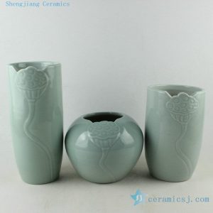 RYIE12 Celadon carved lotus set of three vases