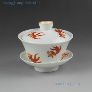 Jingdezhen hand made painted floral fish design porcelain Gaiwan