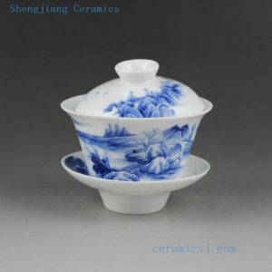 Jingdezhen hand made blue white painted porcelain Gaiwan, landscape , cat