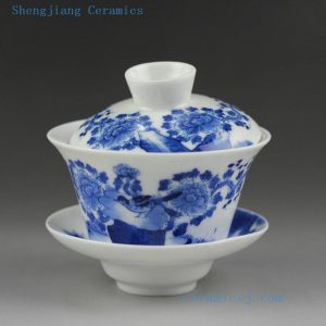 Jingdezhen hand made porcelain blue white Gaiwan, floral, bird, figurine design