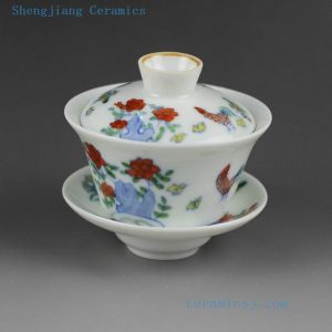 Jingdezhen hand made porcelain Gaiwan, blue white doucai chicken, flower, fish, dragon design
