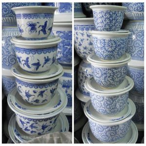 Chinese set of 7 ceramic blue and white planters with saucers