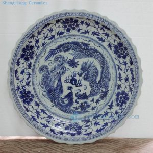 RYST04-B 32inch Large Blue and white painted dragon and phoenix floral design Ceramic Plate