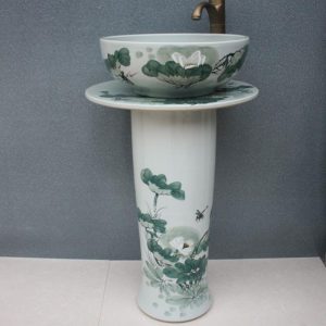 RYXW030 Hand painted lotus floral design Ceramic Pedestal Lavatory Basin