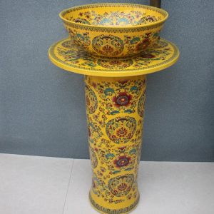 RYXW035 Chinese yellow flower design Ceramic Pedestal Lavatory Sink