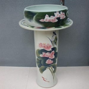 RYXW041 Chinese lotus flower design Ceramic Pedestal Lavatory Basin