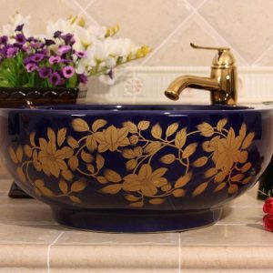 Ceramic Bathroom Sink/ Wash basin Blue gold leaf design