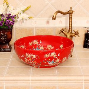 Bamboo and bird design, red, white, yellow blue color Ceramic Bathroom Sink