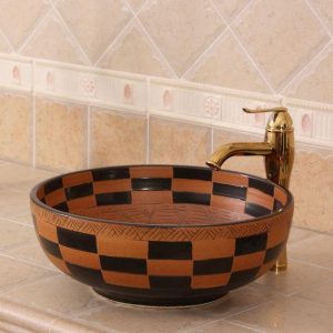 RYXW273 Carved tartan design Ceramic Bathroom Sink