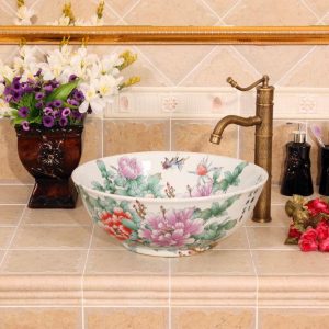 RYXW311 White floral design Ceramic Bathroom Sink