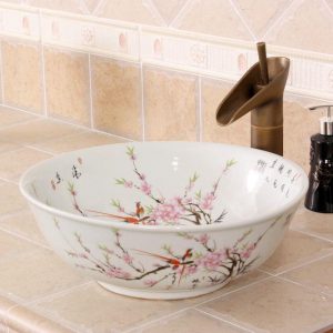 RYXW315 Pink flower bird design Jingdezhen Ceramic Bathroom Sink
