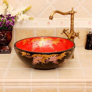 RYXW318 Black red floral design Jingdezhen Ceramic Bathroom Wash basin