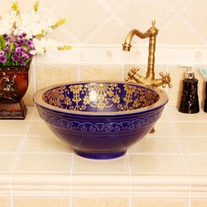 RYXW320 Blue gold floral design Jingdezhen Ceramic Bathroom Wash basin