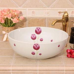 RYXW321 White with red flower design Jingdezhen Ceramic Bathroom Wash basin