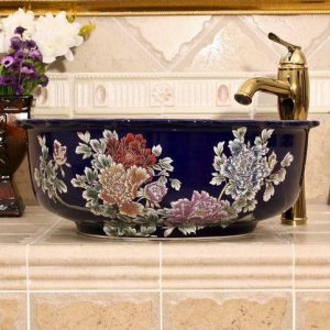 blue red and black with Flower design Ceramic flower wash basin