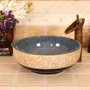 RYXW464 Inside glazed with carved floral design Ceramic hair salon wash basins
