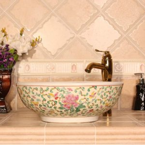 Cream red blue and yellow Floral design Ceramic bathroom corner sink
