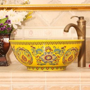 RYXW488 Yellow Floral design Ceramic bathroom corner sink