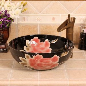 RYXW541 Black with carved pink flower design bathroom basins