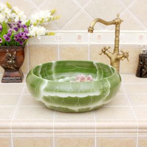 Green pink lotus design ceramic sinks for small bathroom