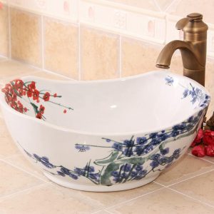 RYXW600 Hand painted Blue and white floral design ceramic bathroom vessel sink