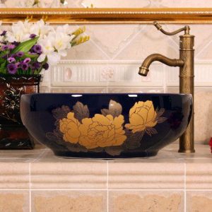 RYXW651 Dark blue with gold flower design Oval bathroom vessel sink