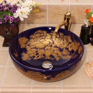 Dark blue and black with gold flower design Oval ceramic vessel sink