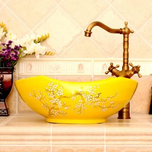 RYXW670 Yellow with floral design Porcelain bathroom vessel sink